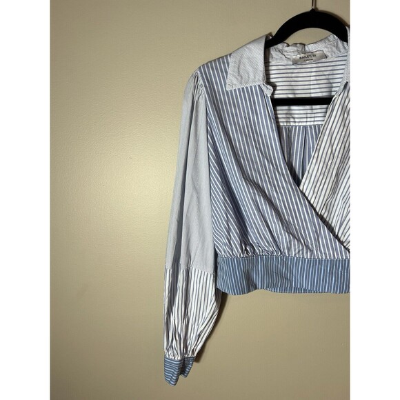 Bailey44 Women’s Size 4 Blue & White Stripe Cropped Faux Wrap Long Sleeve - Picture 2 of 11